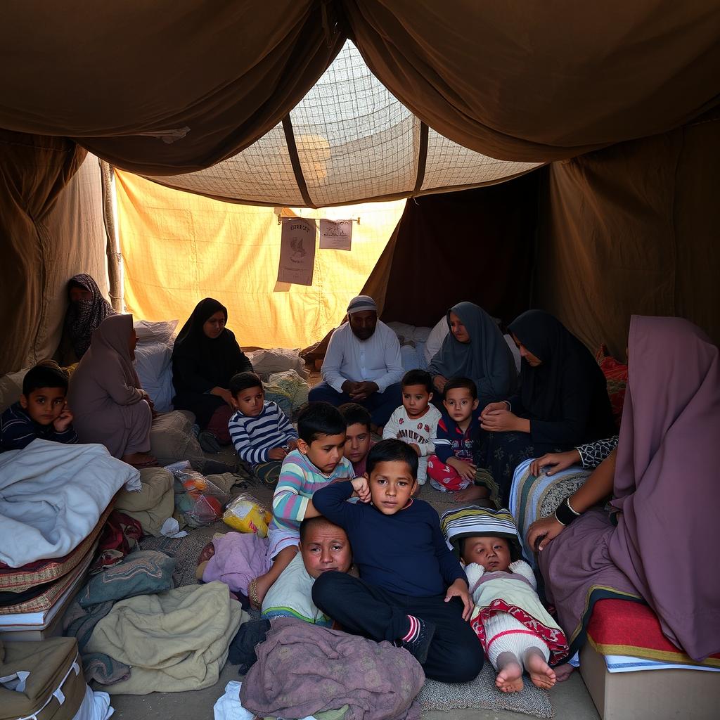 A makeshift shelter in Gaza where several Muslim families have taken refuge
