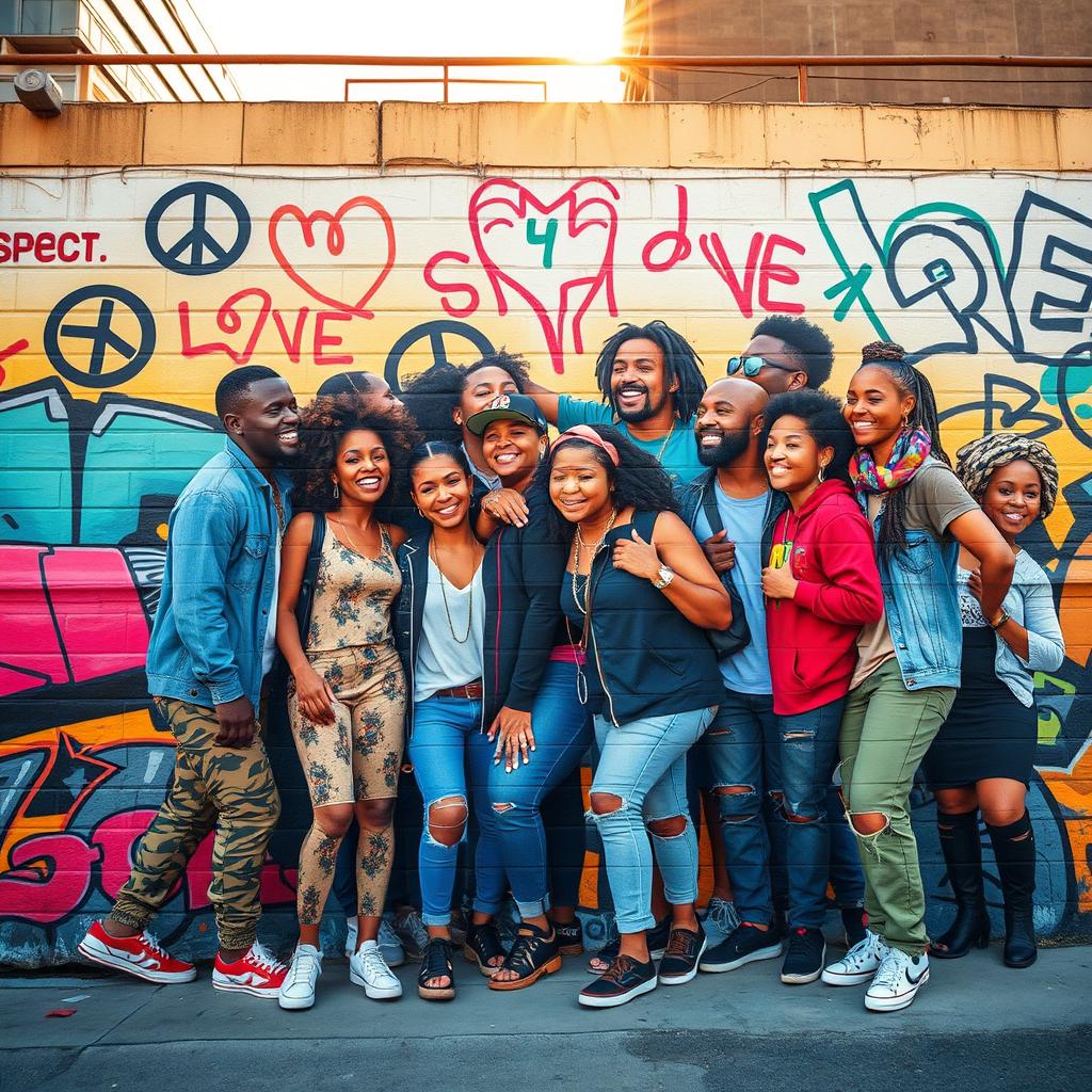 A powerful mural that celebrates unity and respect in an urban neighborhood, showcasing a diverse group of people coming together in harmony