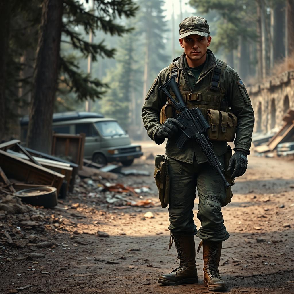 A gritty, realistic depiction of a militia soldier from the 1990s, dressed in authentic military gear from that era, including camouflage patterns, tactical vests, and combat boots