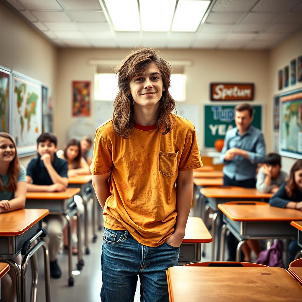 A humorous scene in a classroom where a young man with long hair, dressed casually in a colorful t-shirt and jeans, is playfully blushing after accidentally letting out a fart