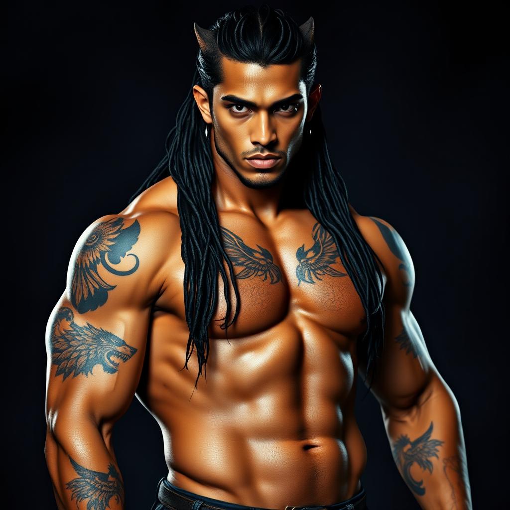 A tall, strong, young, handsome man with long black hair and a deep brown skin tone