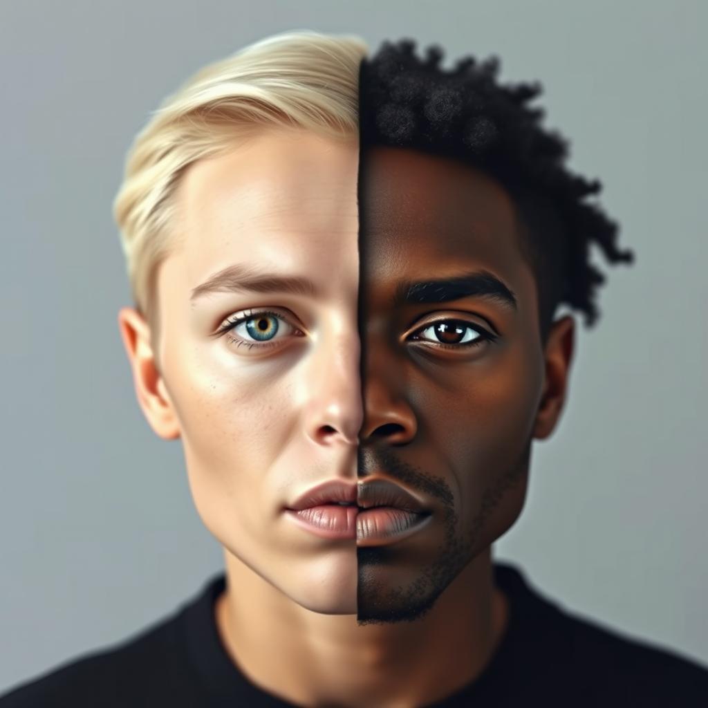 A striking portrait of a person with a unique design, featuring a perfectly split face: one half representing a Caucasian individual with light skin tones, soft features, and light-colored hair, while the other half showcases an African descent individual with rich, dark skin tones, prominent features, and textured hair