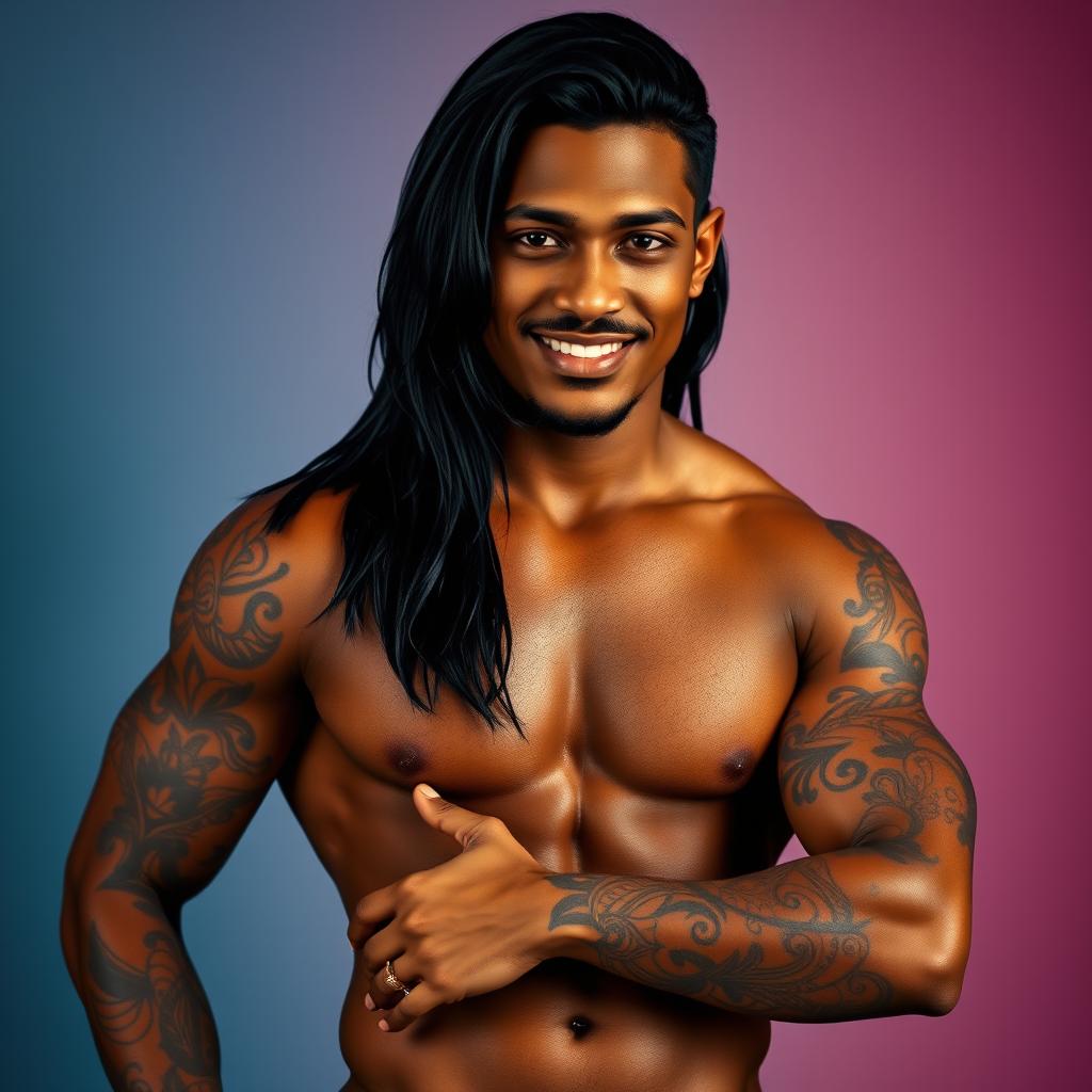 A tall, young, handsome man with long black hair and a deep brown skin tone