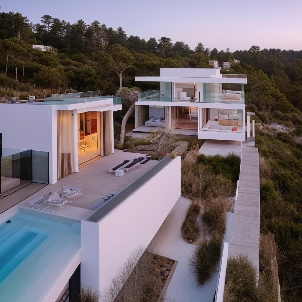 Design a two-story coastal villa with an infinity pool.