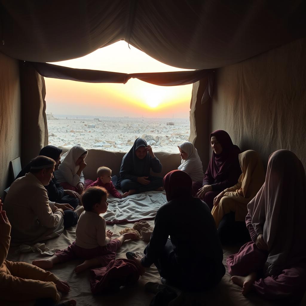 A peaceful scene inside a makeshift shelter in Gaza, where Muslim families are gathered together in a sense of community and resilience