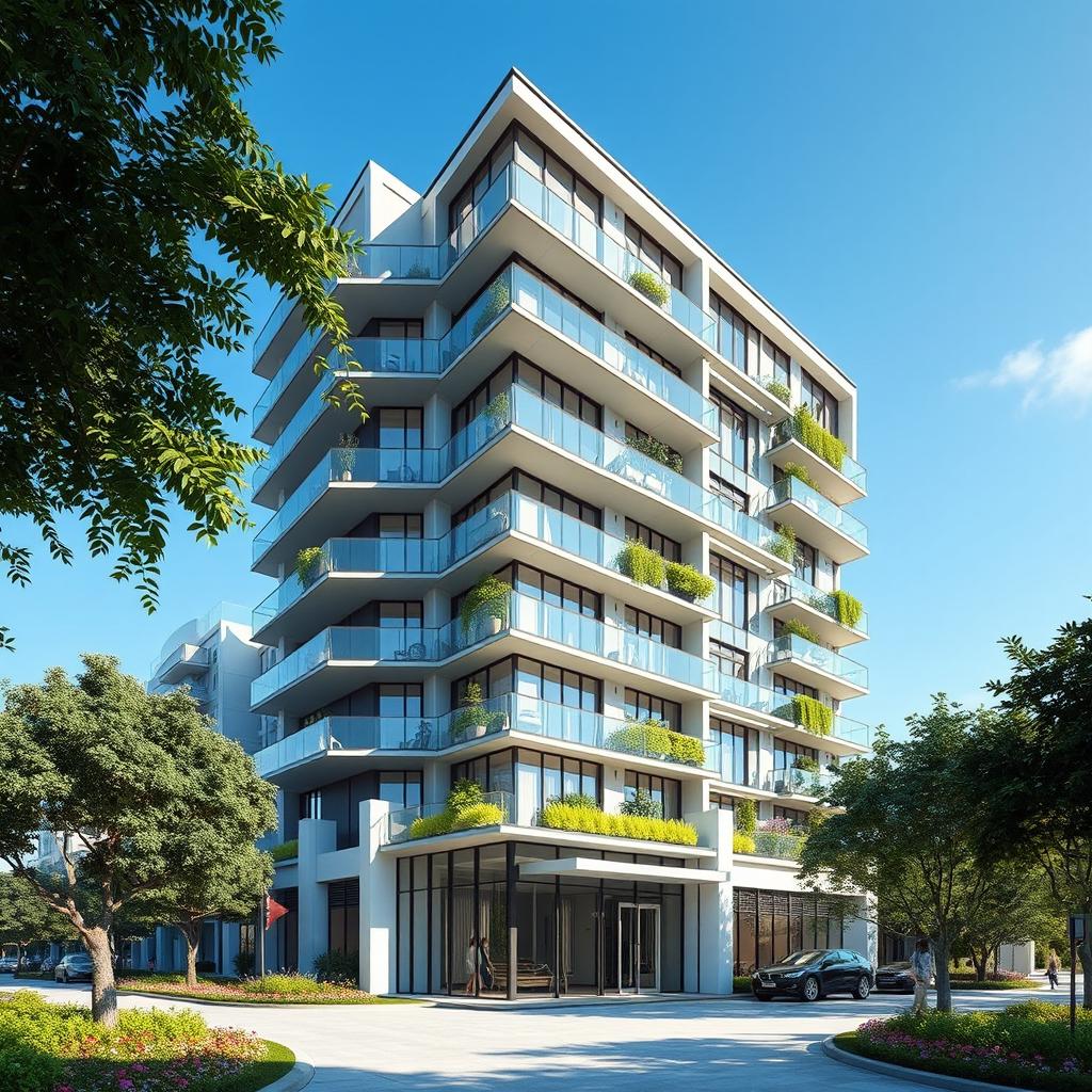 A modern architectural concept of a 9-story building, featuring sleek glass facades, elegant balconies on each floor, and a contemporary design that integrates greenery along the exterior
