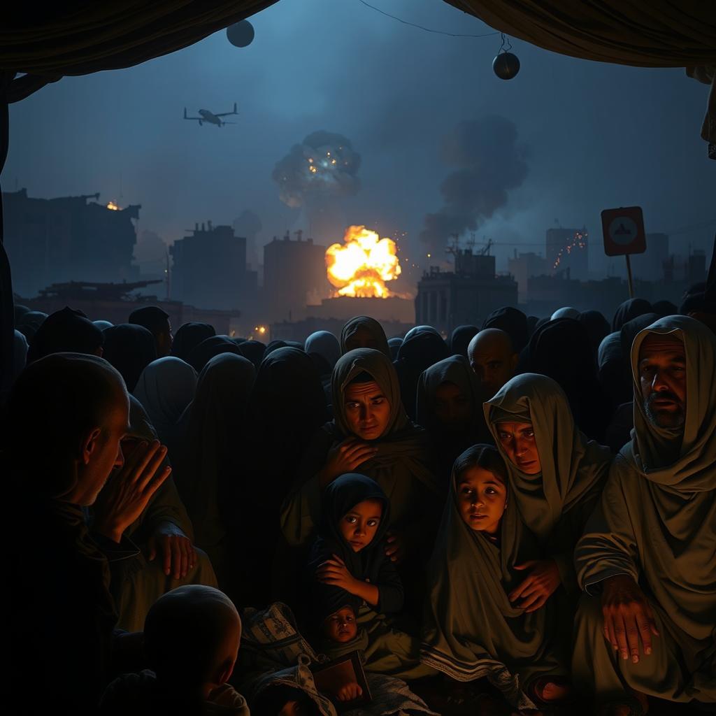 A scene depicting a makeshift shelter in Gaza filled with Muslim people seeking refuge during a night of explosions