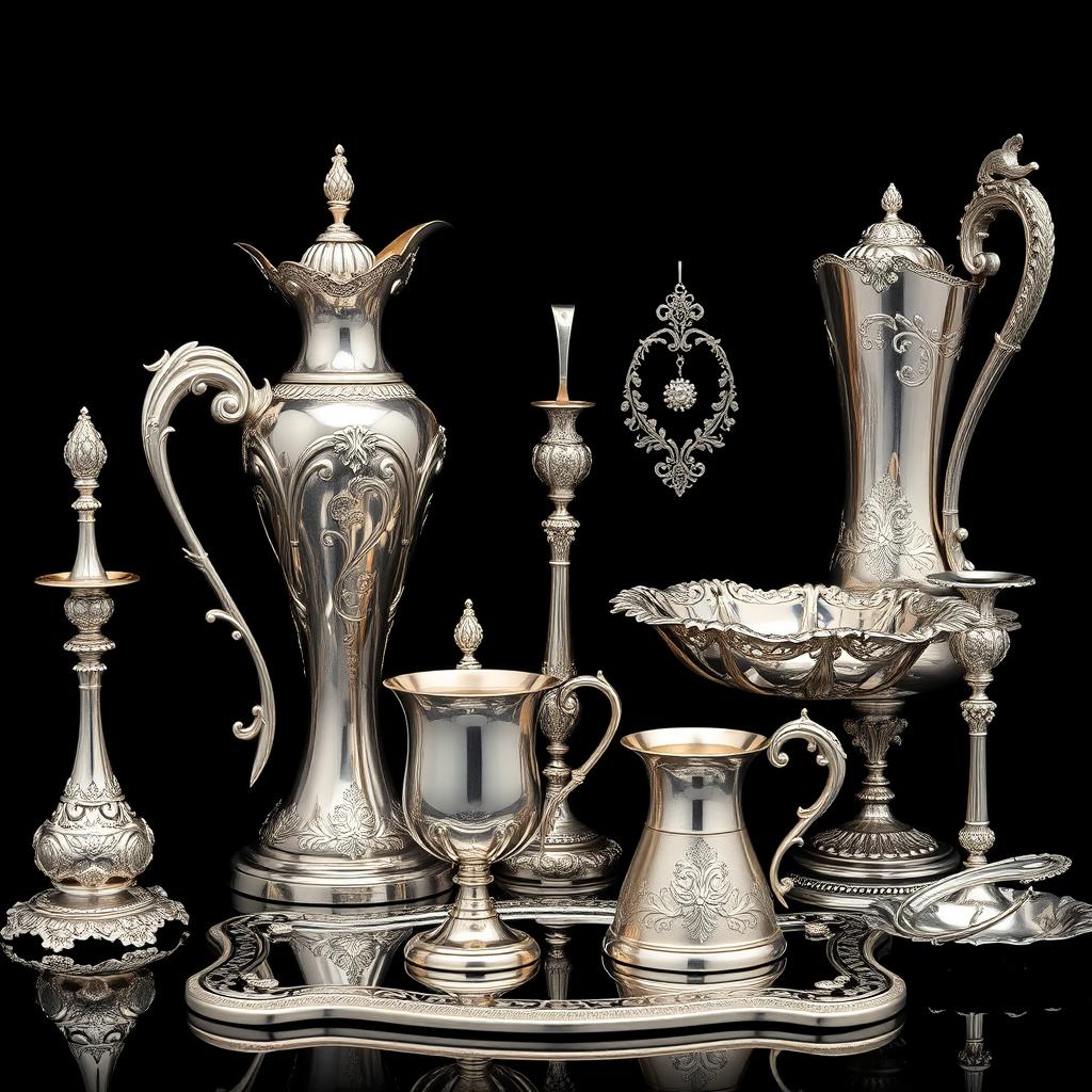 A stunning display of silver objects, intricately designed, set against a deep black background