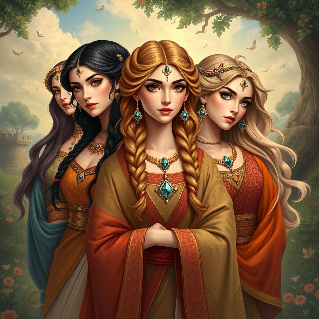 A series of exquisite portraits of the female characters from the Shahnameh, showcasing their beauty and regality
