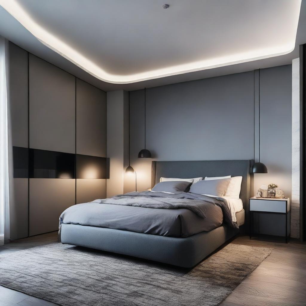 A modern and cool transformation of a bedroom with futuristic lighting, sleek furniture, and minimalist design