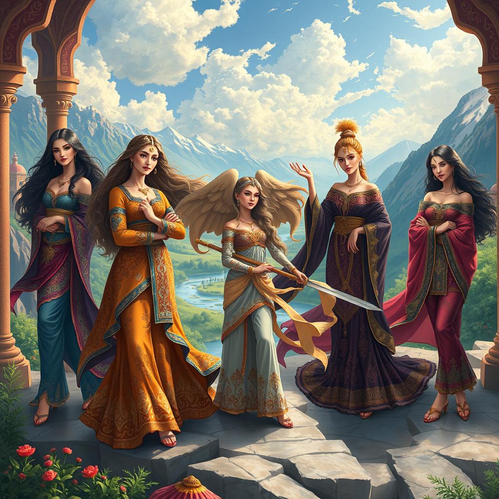 A breathtaking scene illustrating the heroic women from the Persian epic Shahnameh, including beautiful characters like Rudabeh and Tahmineh, in rich, traditional Persian clothing adorned with intricate patterns and vibrant colors
