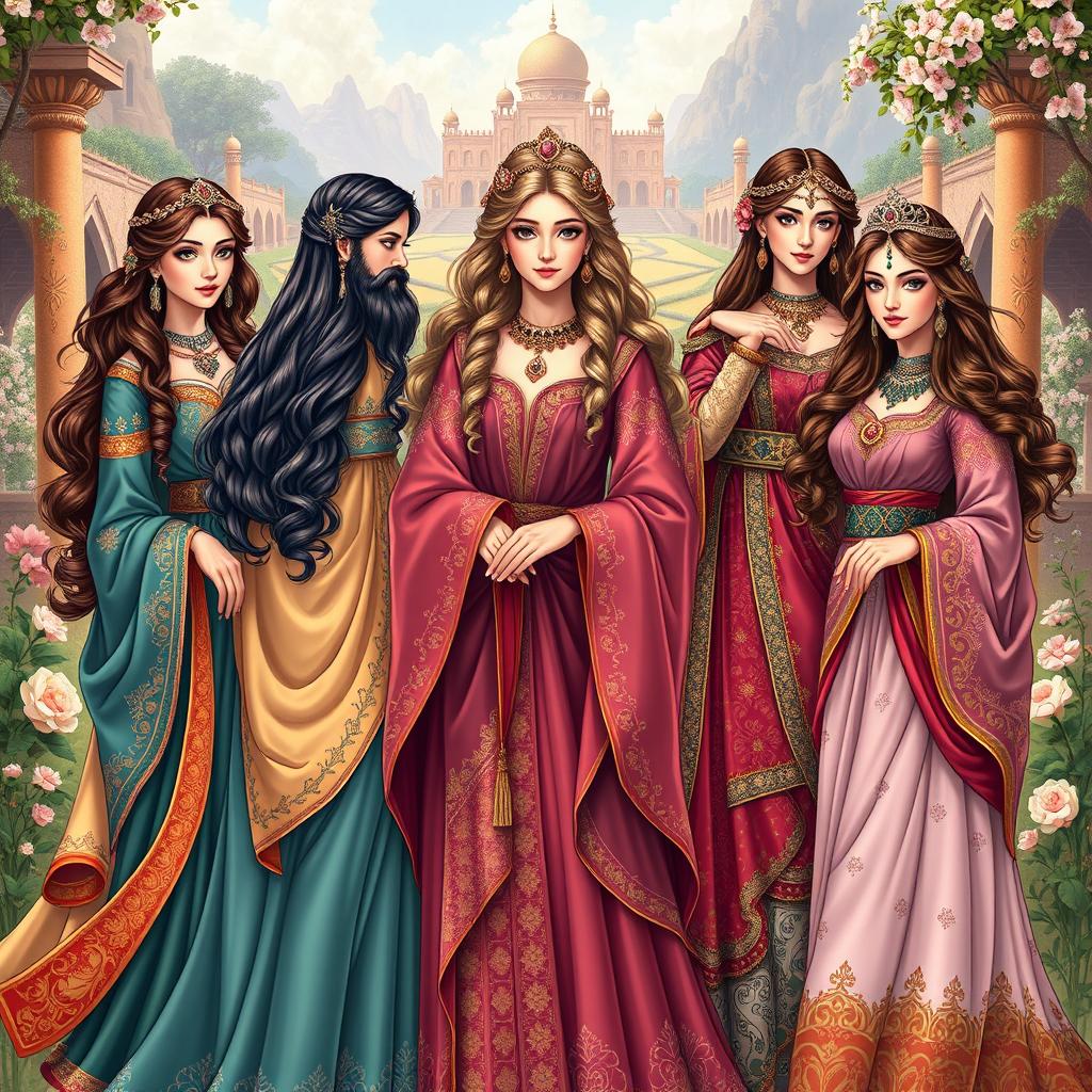 A captivating illustration featuring the female characters from the Shahnameh, depicted in a grand and majestic style