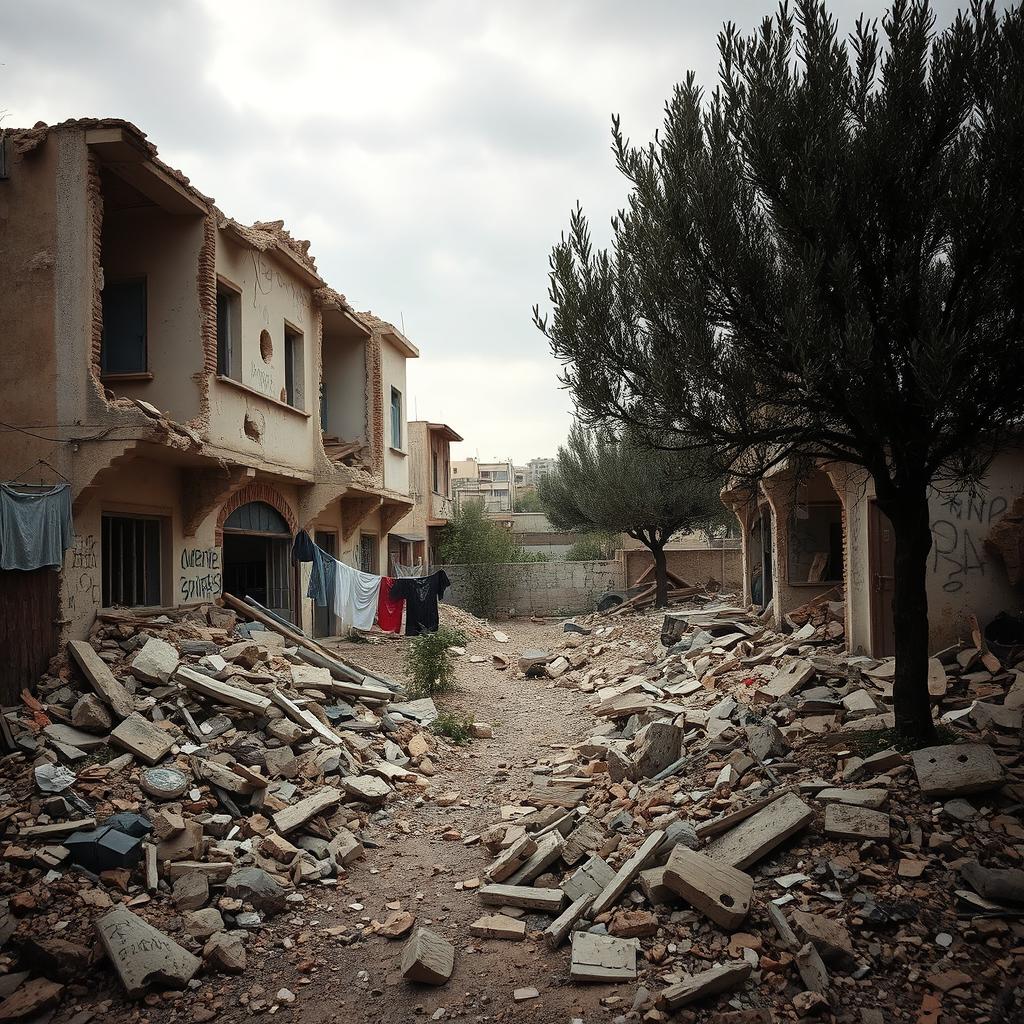 Ruined houses in Gaza, showcasing the aftermath of conflict, with crumbled walls, broken windows, and debris scattered around