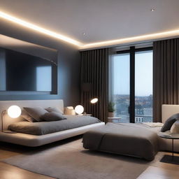 A modern and cool transformation of a bedroom with futuristic lighting, sleek furniture, and minimalist design