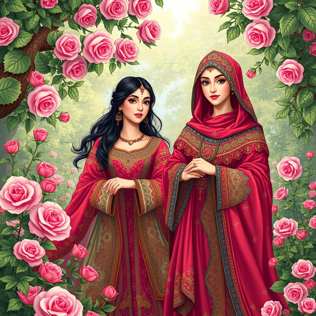 A vibrant and detailed illustration of the legendary heroines from the Shahnameh, depicting the strong and beautiful characters such as Rudabeh and Tahmineh, adorned in traditional Persian attire with intricate patterns and rich colors