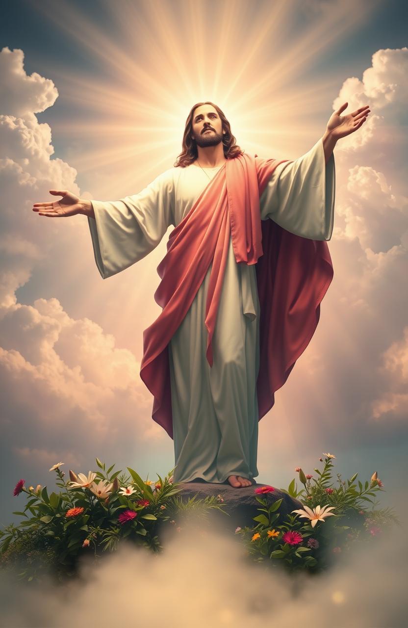 A stunning artistic representation of the resurrected Jesus Christ, radiating divine light and surrounded by a heavenly aura
