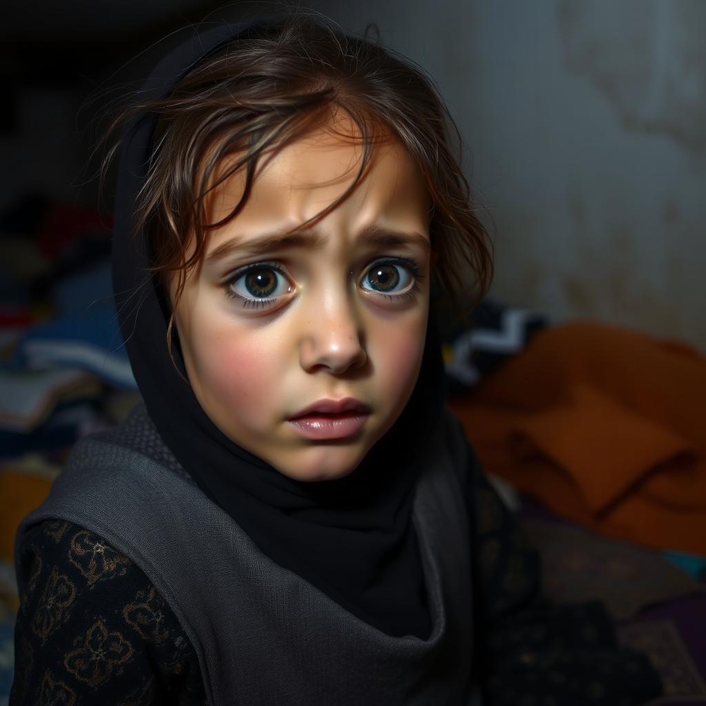 A ten-year-old Muslim girl in Gaza waking up from a nightmare inside a shelter, her expression filled with fear and relief
