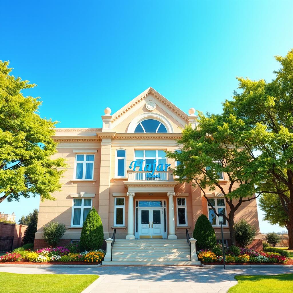 A beautifully detailed school building set against a bright blue sky