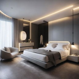 A modern and cool transformation of a bedroom with futuristic lighting, sleek furniture, and minimalist design