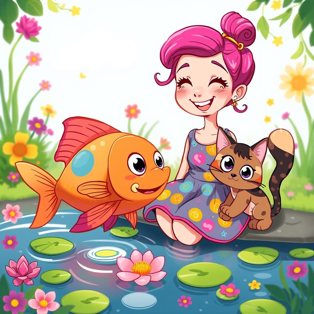 A vibrant cartoon illustration featuring a whimsical girl with bright pink hair and a playful expression, joyfully interacting with a colorful fish and an adorable cat