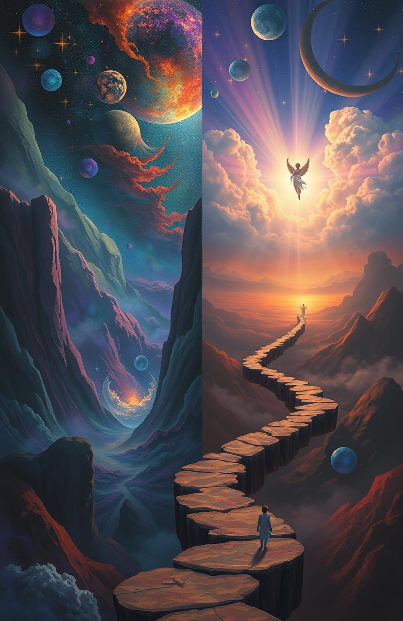 A surreal and abstract scene depicting the dual themes of existence and revelation, symbolizing the journey of salvation