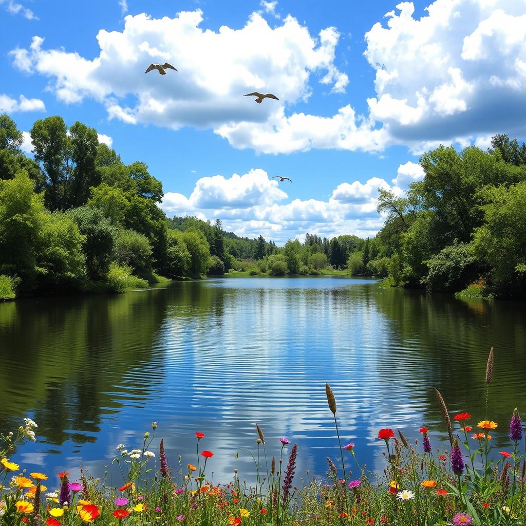 A serene landscape featuring a peaceful lake surrounded by lush, green trees and colorful wildflowers, under a bright blue sky with fluffy white clouds