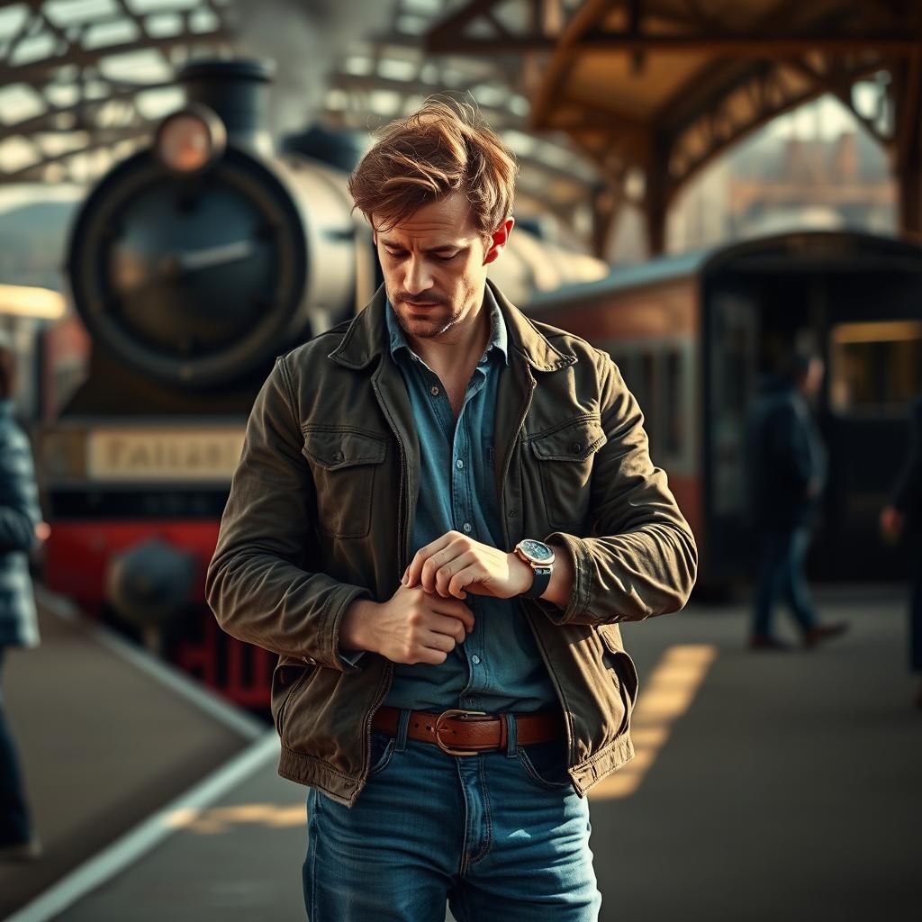 A realistic portrayal of a man in a contemplative pose, standing at a train station platform, dressed casually in a stylish jacket and jeans, with a slight breeze tousling his hair