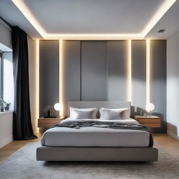 A modern and cool transformation of a bedroom with futuristic lighting, sleek furniture, and minimalist design