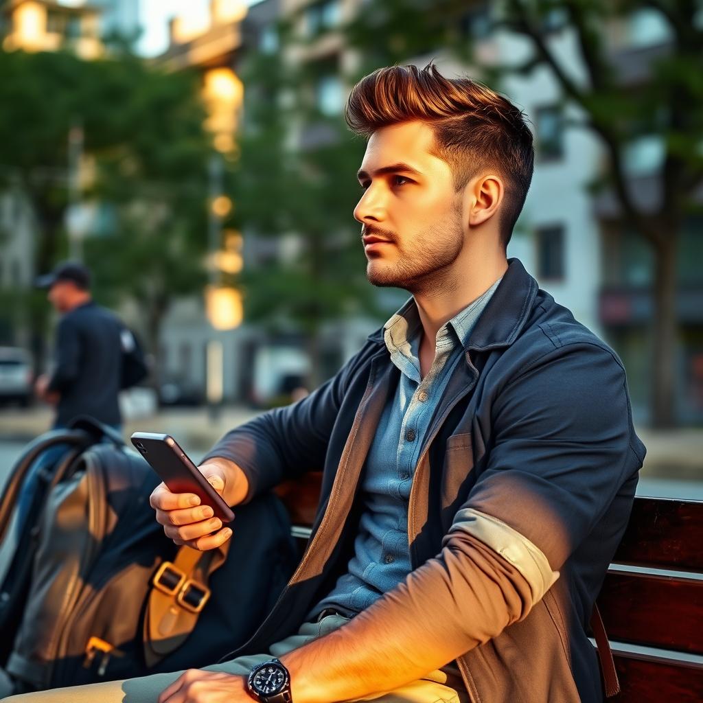 A realistic scene of a man waiting, dressed in casual but stylish attire, with a focused expression on his face