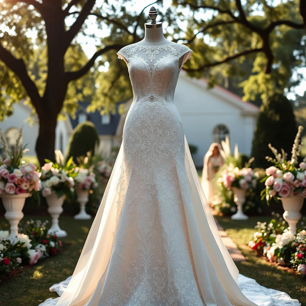 A beautiful wedding dress, elegant and flowing, made of fine lace and silk, featuring intricate embroidery and a long train