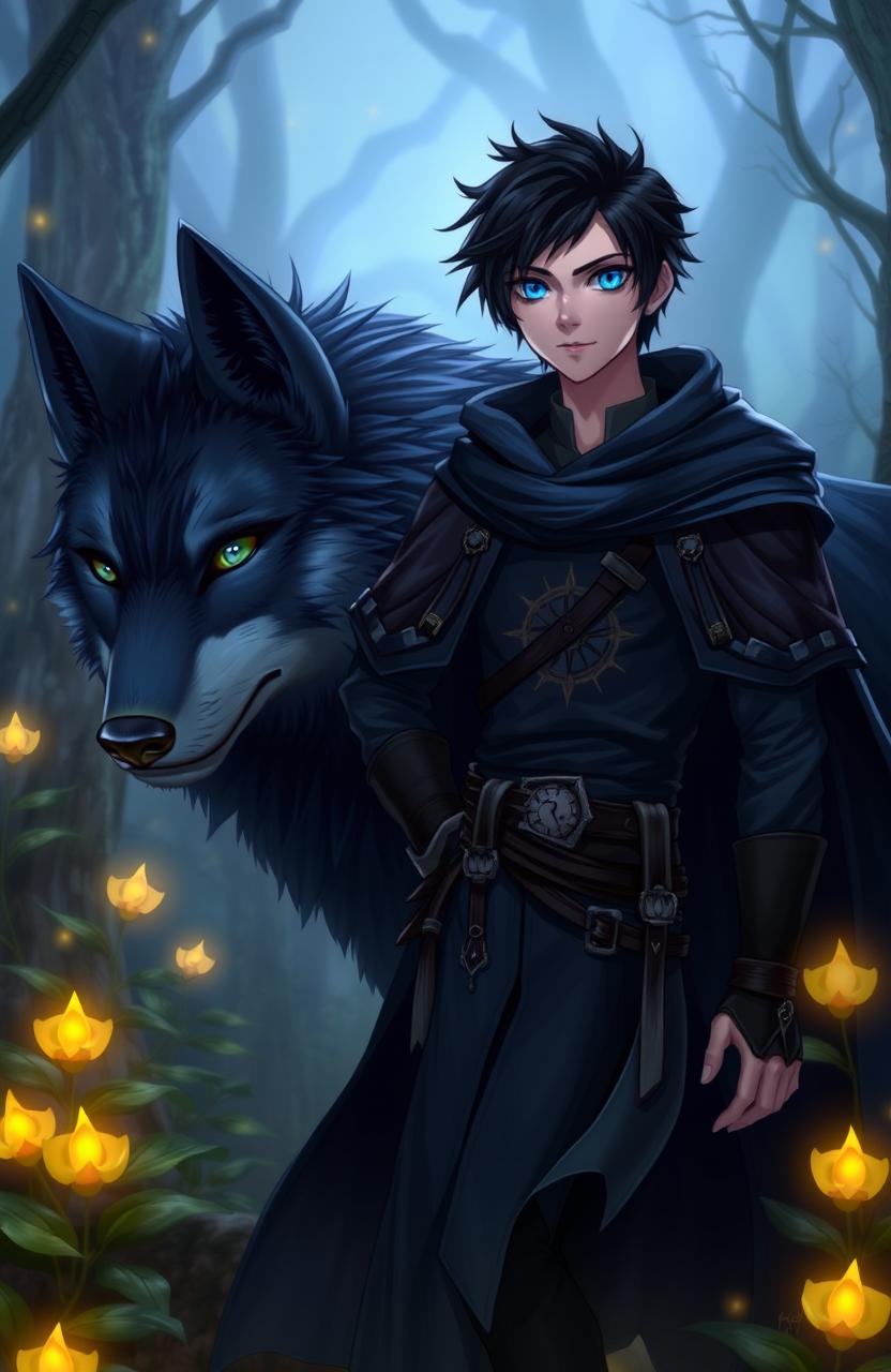A fantasy scene featuring a main character with striking black hair and vivid blue eyes, standing confidently beside his massive wolf companion