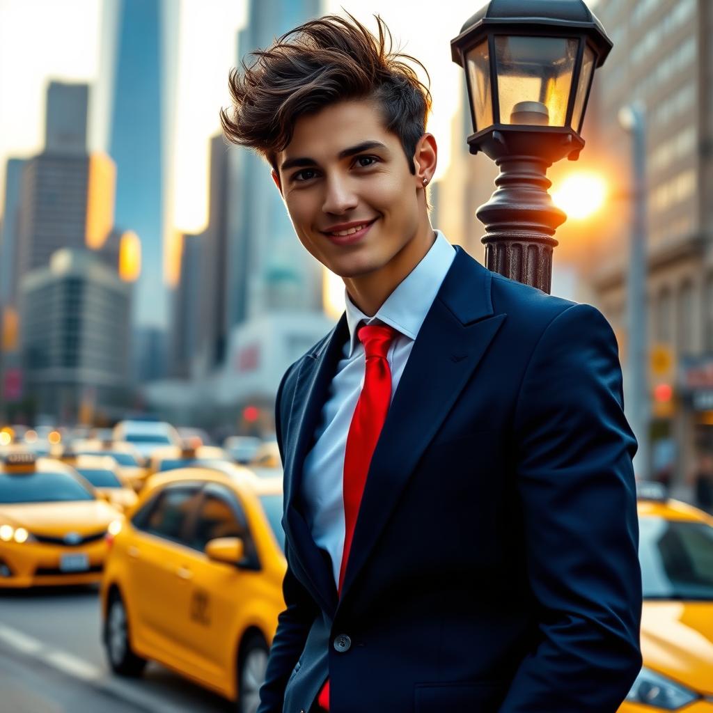 A charismatic, stylish young man dressed in a sharp, tailored navy blue suit with a crisp white shirt and a vibrant red tie, standing confidently in a bustling urban setting