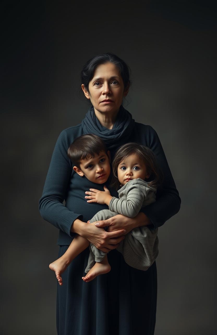 A touching and powerful image depicting a mother who embodies the struggles and determination of parenting