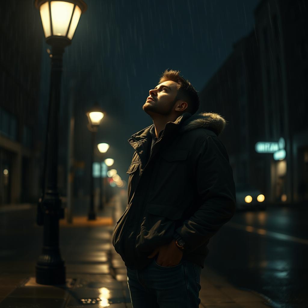 A realistic scene of a man waiting in the middle of the night, dressed in a warm jacket and jeans