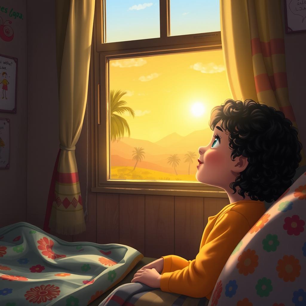 A hopeful scene depicting a 10-year-old Muslim girl waking up in Gaza, her face illuminated by soft morning sunlight filtering through a window