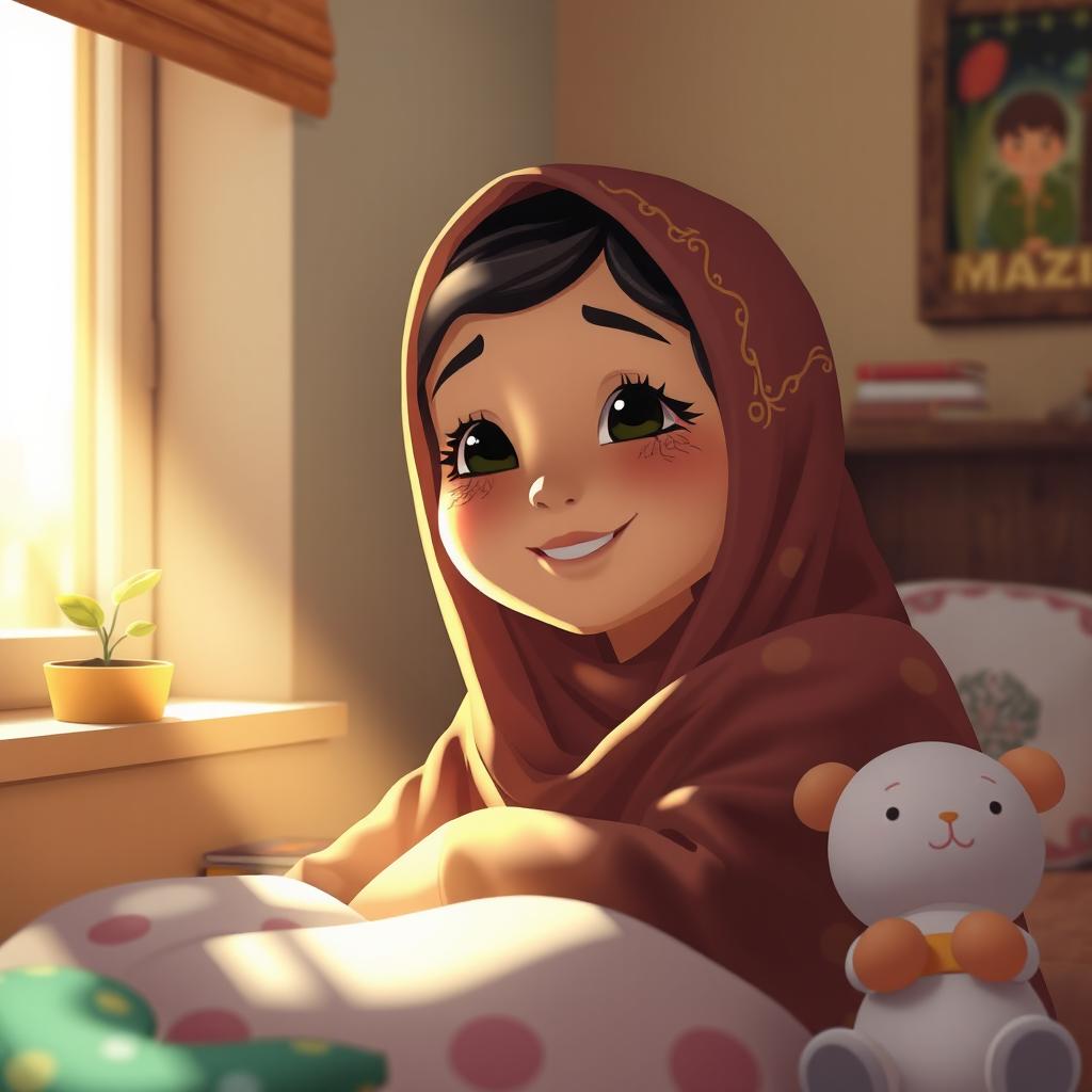 A scene depicting a hopeful Muslim girl waking up in Gaza, with a bright smile on her face