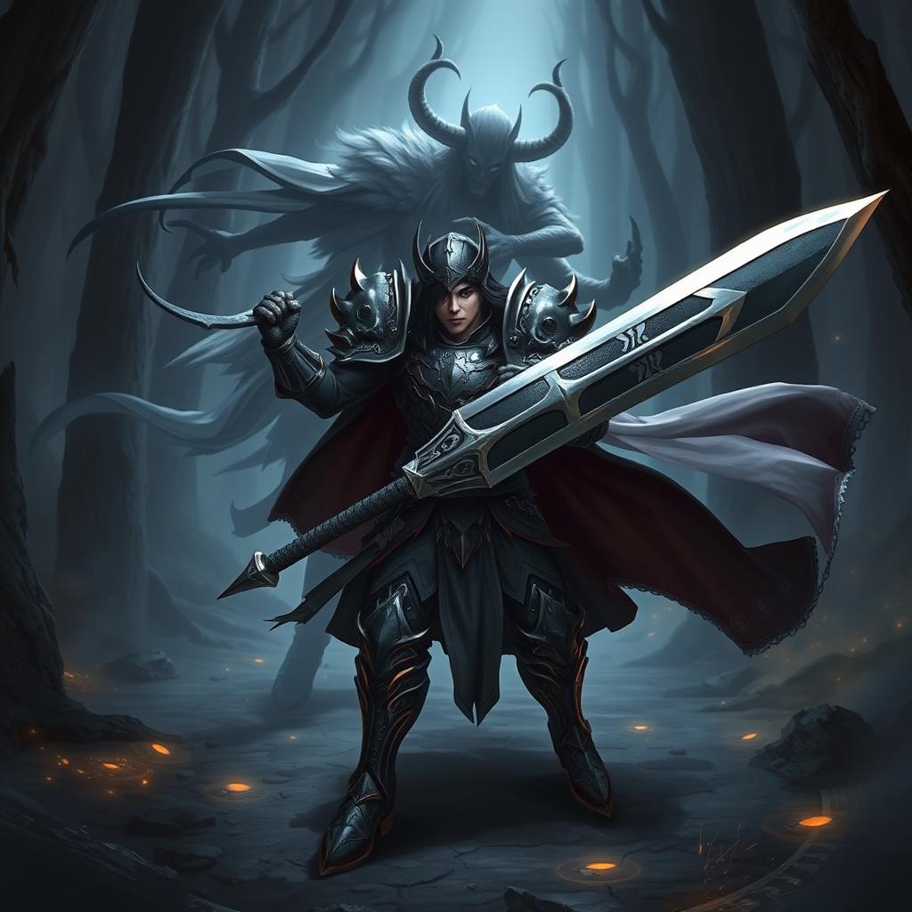 A dynamic fantasy scene featuring a heroic figure in battle armor reminiscent of a video game character, wielding a large sword, with a determined expression