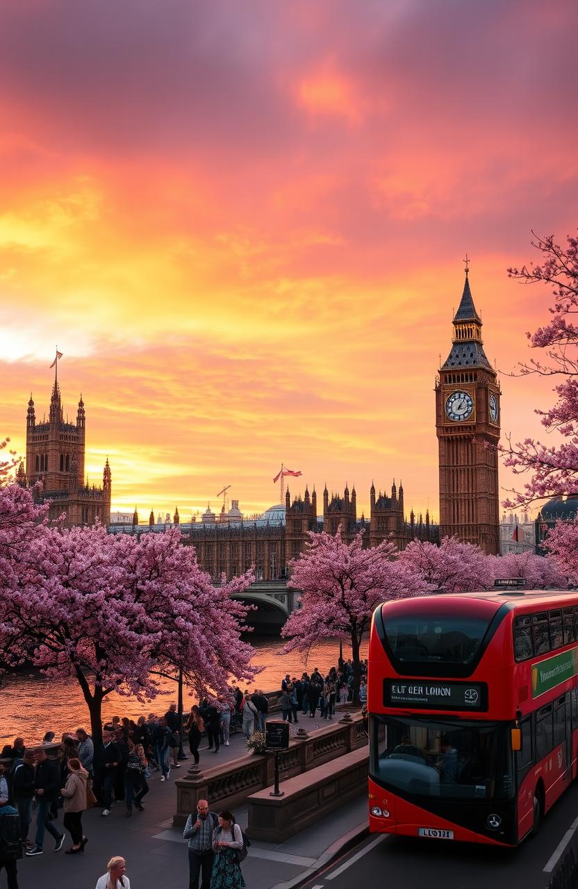A stunning panoramic view of London featuring iconic landmarks such as the Big Ben and the Houses of Parliament by the River Thames