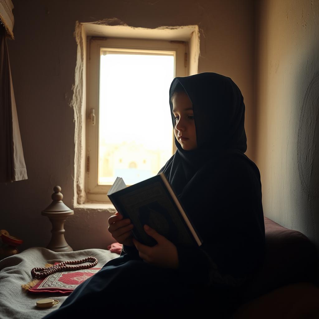 A ten-year-old Muslim girl seeking solace in her Quran in Gaza