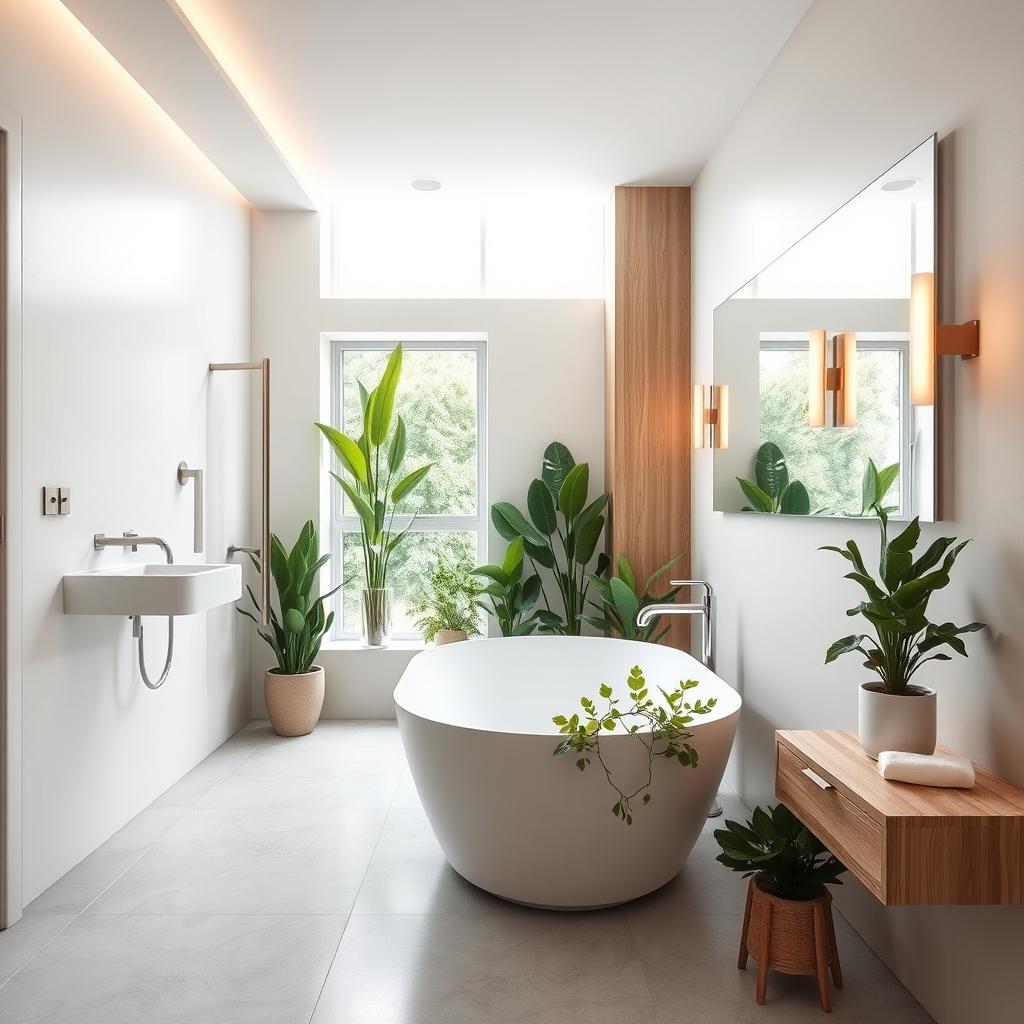 A modern bathroom design featuring a spacious layout with sleek, minimalist fixtures