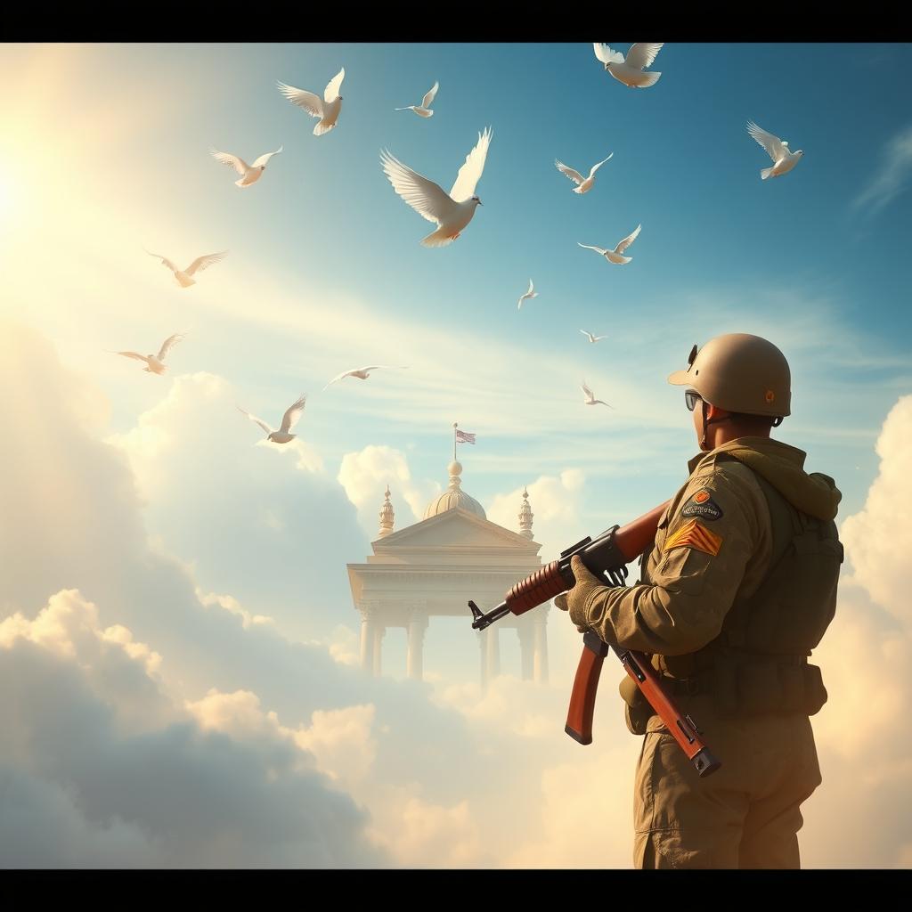 A majestic scene depicting a soldier holding a rifle, gazing towards a sacred shrine