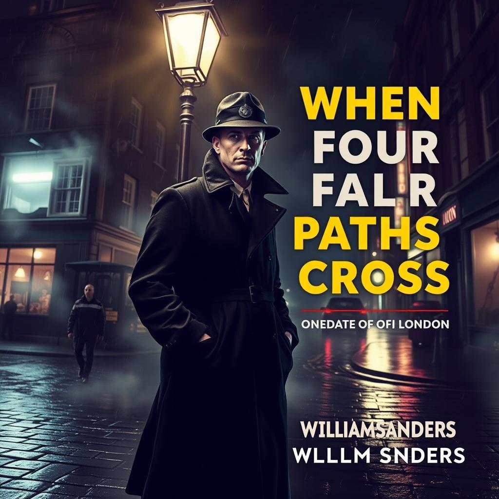 A 1950s noir mystery scene set in London at night, featuring a gritty policeman standing under a vintage street lamp, casting eerie shadows