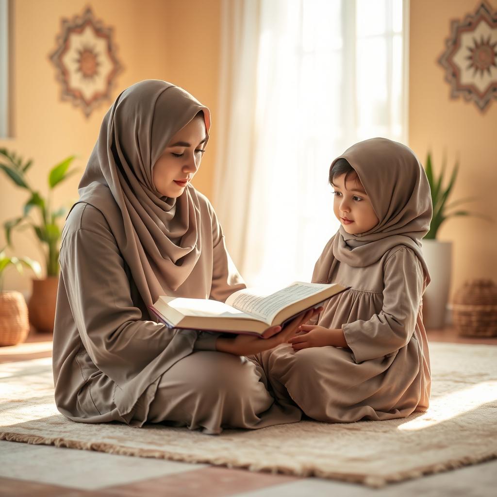 A serene scene of a Muslim mother, wearing a beautiful hijab and traditional attire, sitting cross-legged on a soft carpet in a cozy room filled with natural light