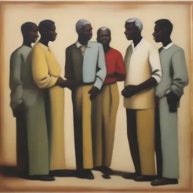 The artist's painting depicts a group of people engaged in conversation, interacting amiably.