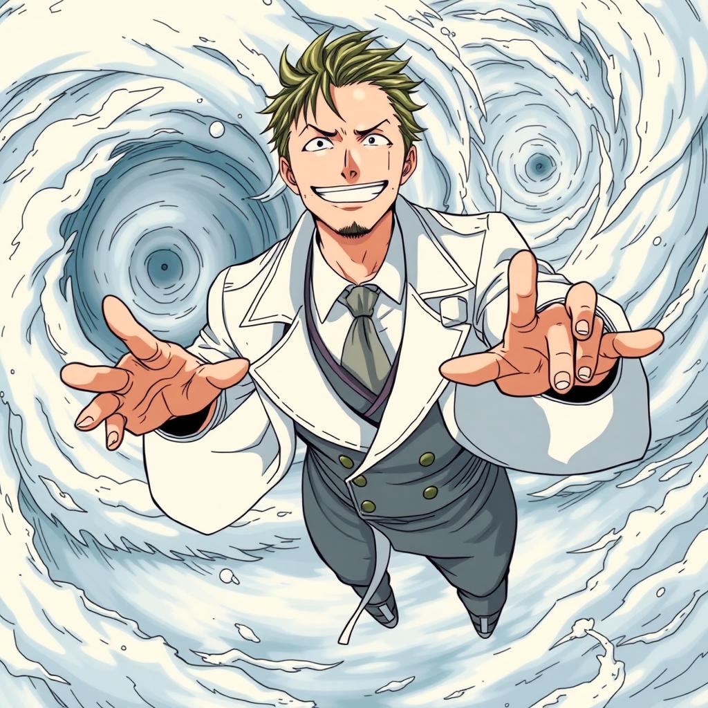 An open shot of a manga character designed in Eiichiro Oda's distinctive art style, as if he were from One Piece