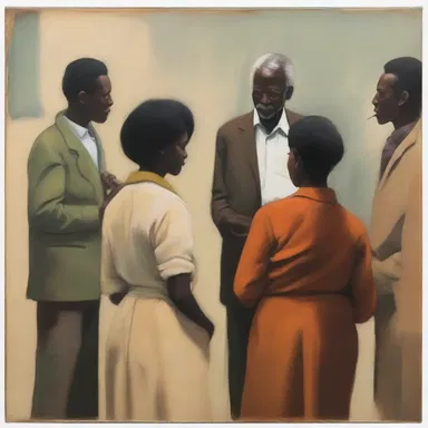 The artist's painting depicts a group of people engaged in conversation, interacting amiably.