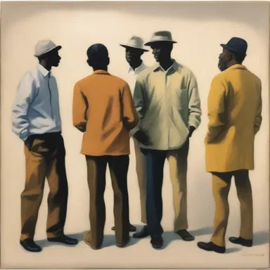 The artist's painting depicts a group of people engaged in conversation, interacting amiably.