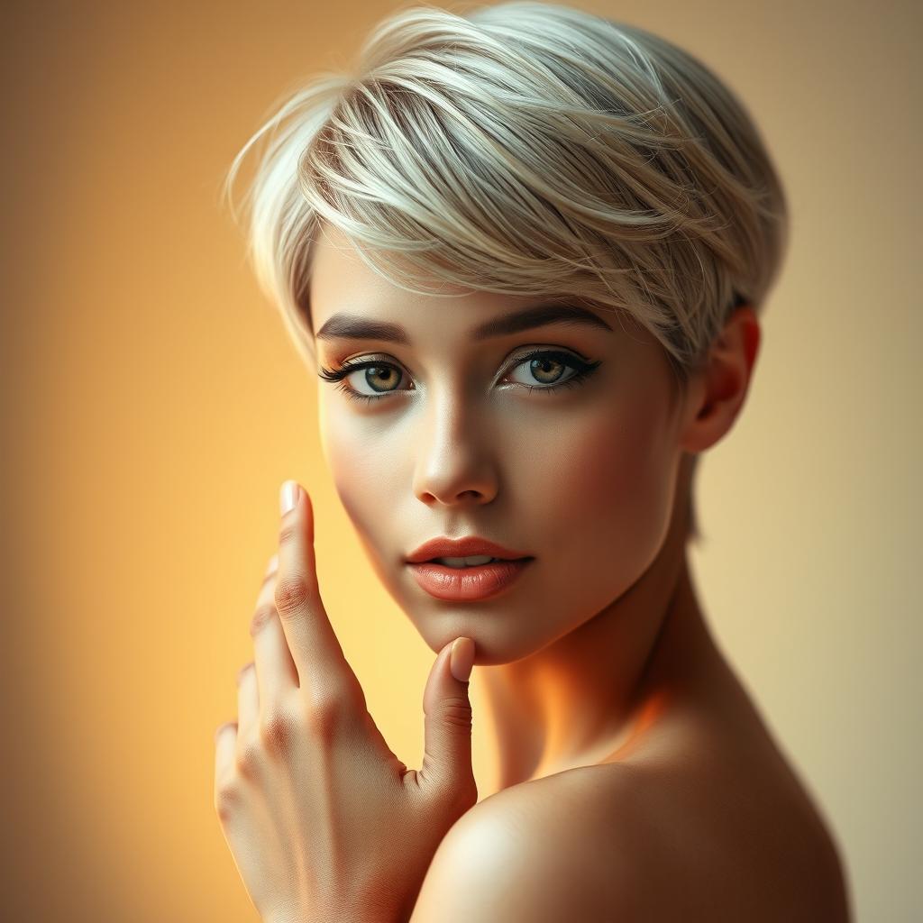 A striking portrait of a beautiful young woman with short, stylish hair