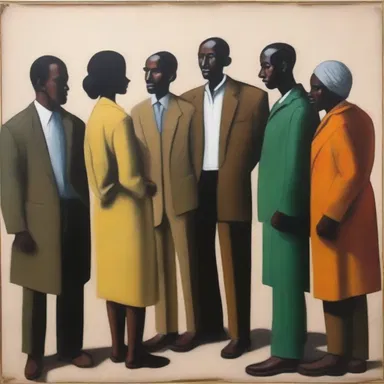 The artist's painting depicts a group of people engaged in conversation, interacting amiably.
