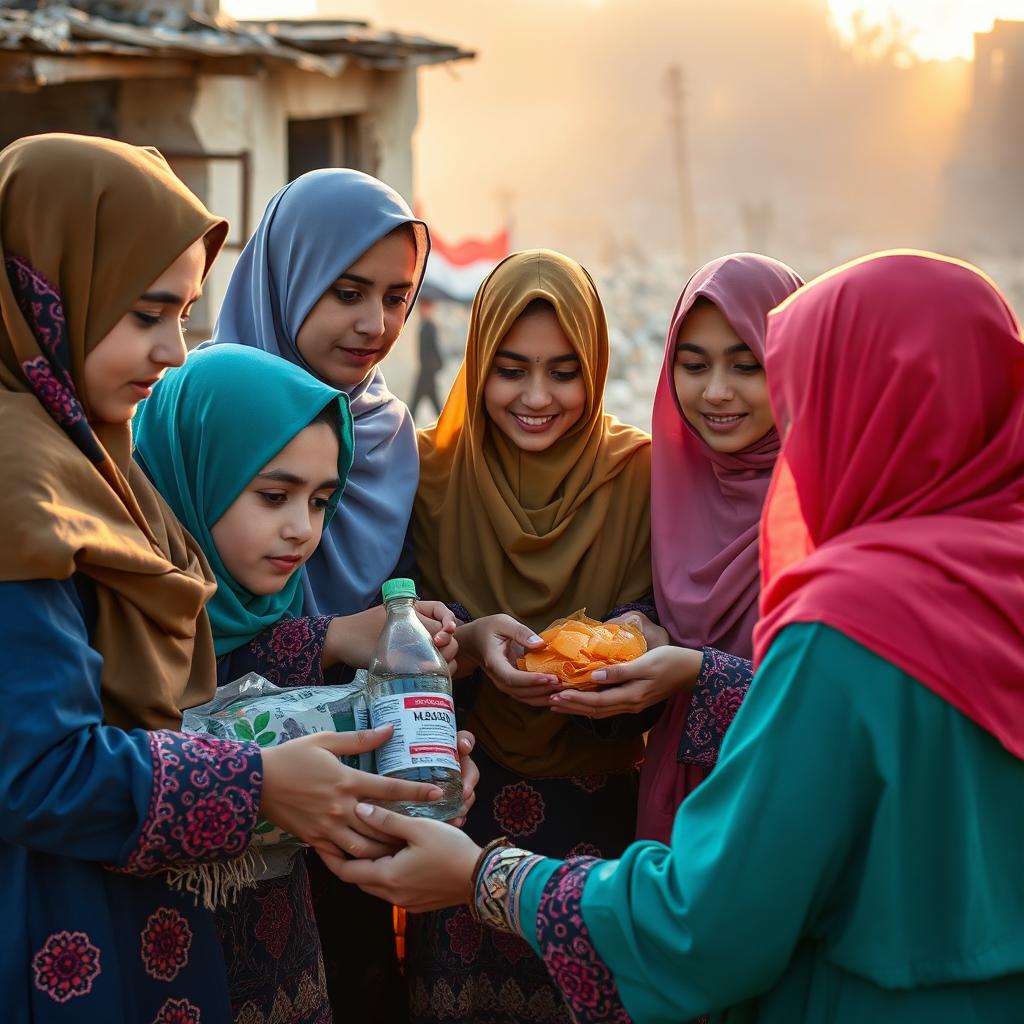 A group of Muslim girls in Gaza compassionately helping those in need due to the ongoing conflict